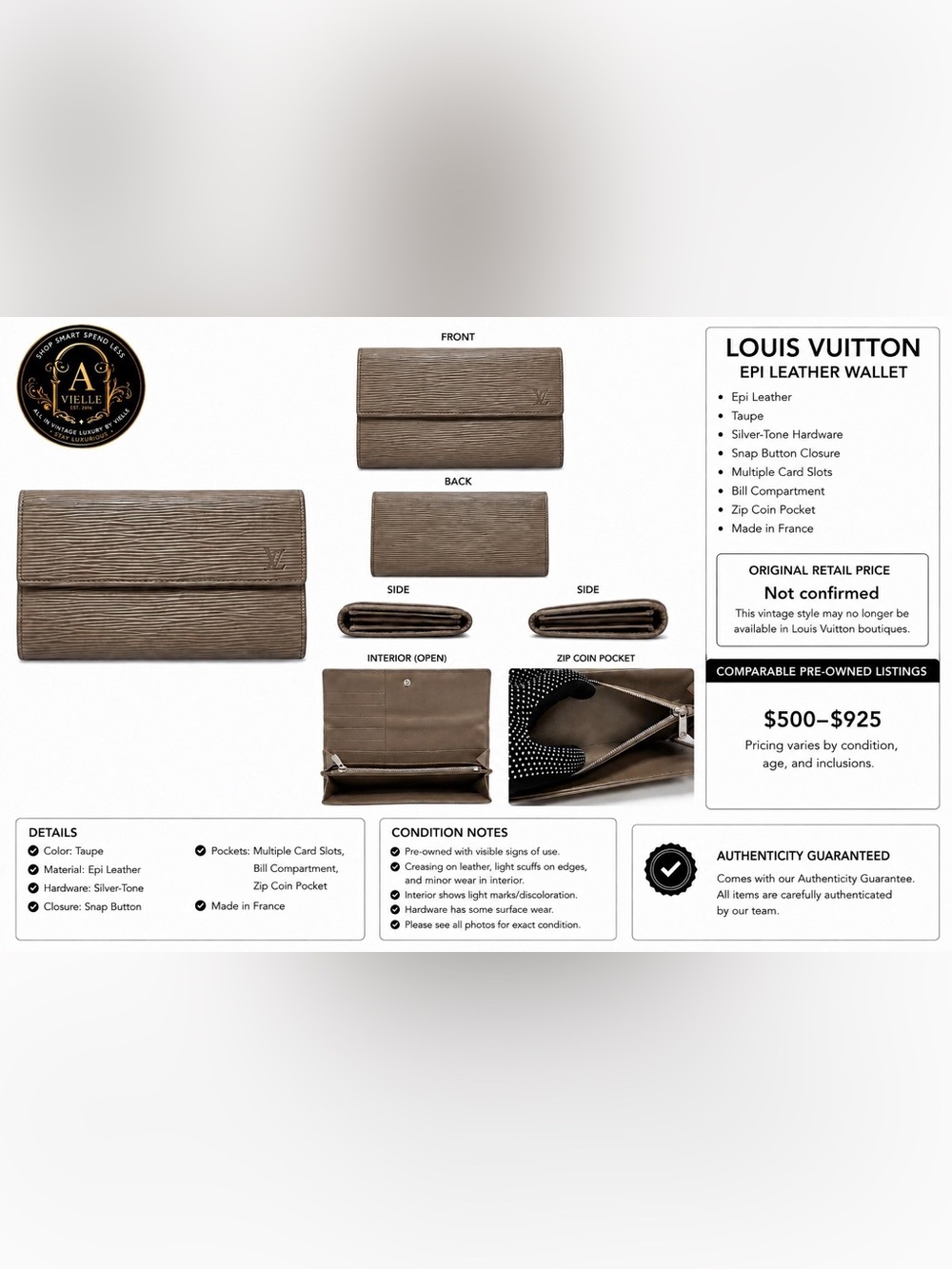Louis Vuitton Authentic Epi Leather Sarah Long Wallet Taupe Brown